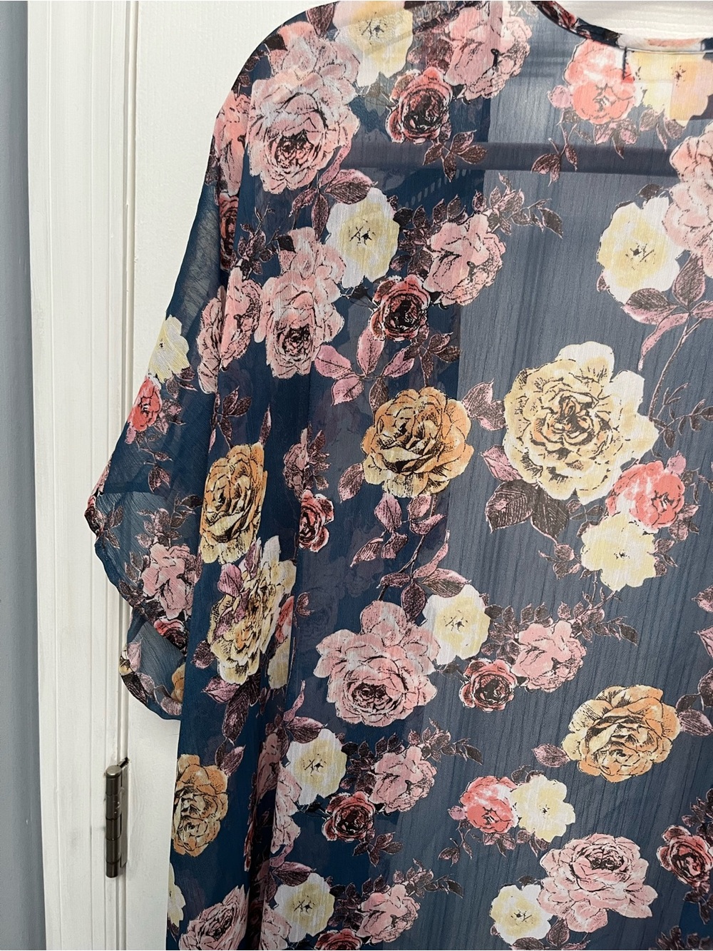 Floral Kimono Duster Blue Sheer Open Front Cover Band of Gypsies XS/S oversized - Picture 14 of 16